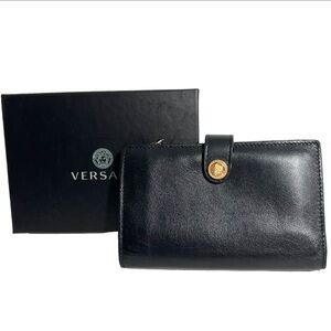 Versace Black Calf Leather Gold Medusa Logo Compact Bifold Slim Wallet W/ Box